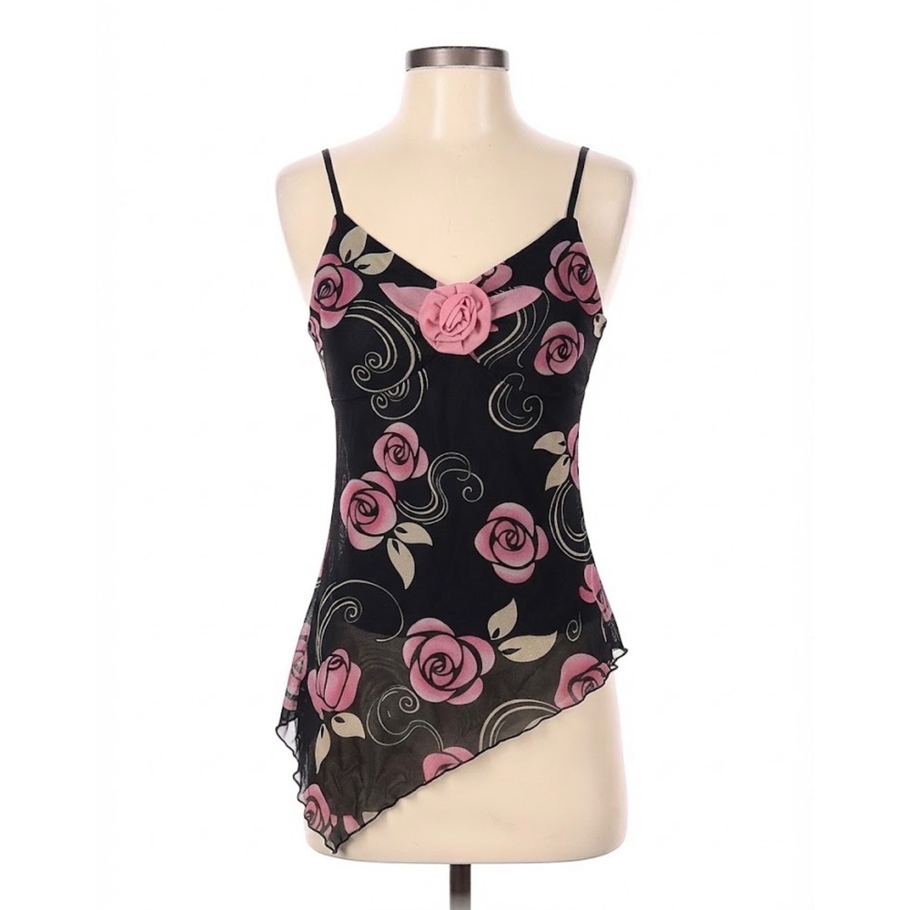 Y2K Pink Rose Camisole Top Size S Black Mesh 90s Asymmetric Hemline Sheer Floral
